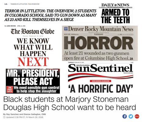 News headlines following school shootings in Littleton, Colorado, and Parkland, Florida. 